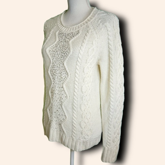 J. Crew Factory ‘Merino Wool Blend Silver Bead Embellished Cable Knit Sweater’ S - Picture 5 of 13